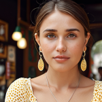 **

A woman with a round face wearing long, thin dangle earrings, possibly teardrop or bar-shaped. The background is a bright, casual setting like a cafe.

**