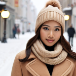 **Prompt 1 (Stylish Winter Layering):** A stylish Malay woman showcasing the art of winter layering. She is dressed in a thin, high-performance thermal base layer, topped with a cozy, oversized cashmere sweater in a rich, warm tone. Over this, she wears a classic, tailored camel-colored wool coat that exudes elegance. Her ensemble is accessorized with a luxurious, thick knitted scarf, a chic beanie with a subtle pom-pom, and elegant leather gloves. She stands confidently in a soft, diffused light, against a blurred backdrop of a charming, mildly snowy urban street, emphasizing comfort, warmth, and sophisticated personal style.
