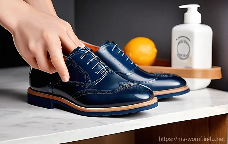 여성 구두 관리법 - **"A close-up, elevated shot of a person's hands diligently performing shoe maintenance on a clean, ... 여성 구두 관리법 - **"A close-up, elevated shot of a person's hands diligently performing shoe maintenance on a clean, ...