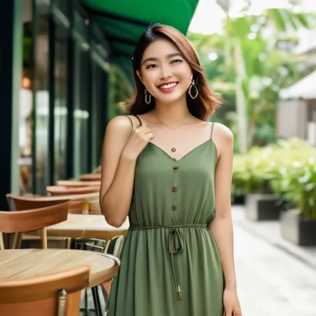 여성 패션의 계절별 트렌드 - **Prompt:** A confident and elegant young Malaysian woman enjoying a sunny afternoon at an outdoor c...