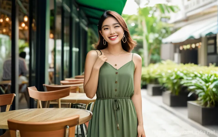 여성 패션의 계절별 트렌드 - **Prompt:** A confident and elegant young Malaysian woman enjoying a sunny afternoon at an outdoor c...