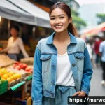 Home 15 가을 여성 데님 스타일 - A stylish Malaysian woman in her mid-20s, confidently walking down a bustling street market in Kuala...