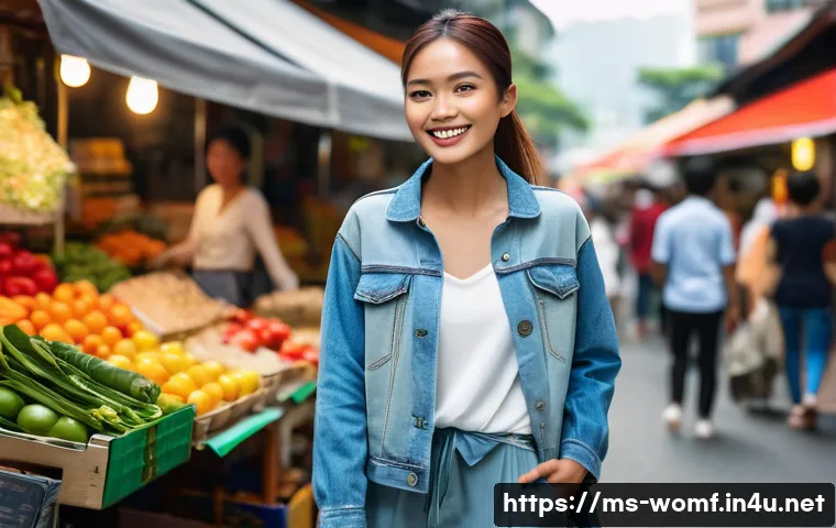 가을 여성 데님 스타일 - A stylish Malaysian woman in her mid-20s, confidently walking down a bustling street market in Kuala...