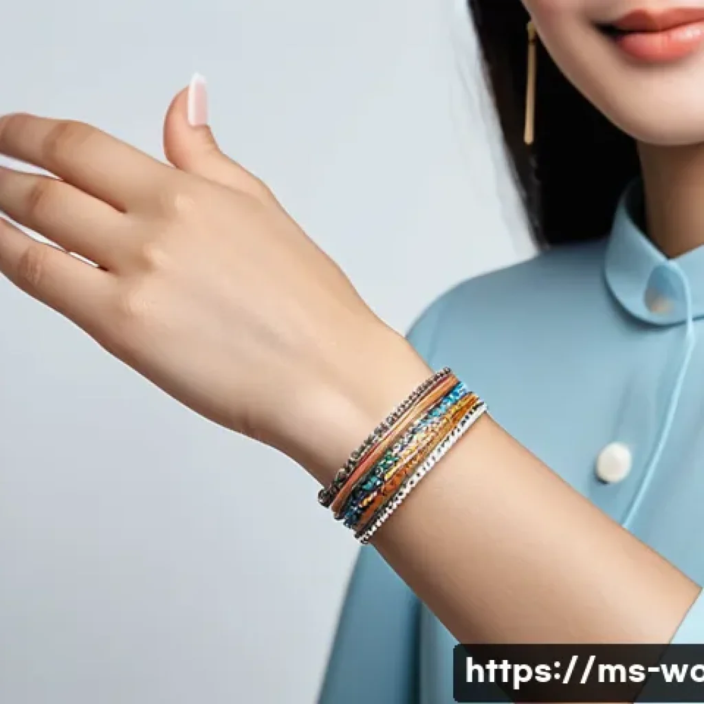 여성용 브레이슬릿 스타일 - **Prompt:** A stylish Malaysian woman in her late 20s, with a gentle smile, confidently showcasing h...